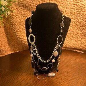 Silver tone and black beaded bin necklace lobster closure with extender